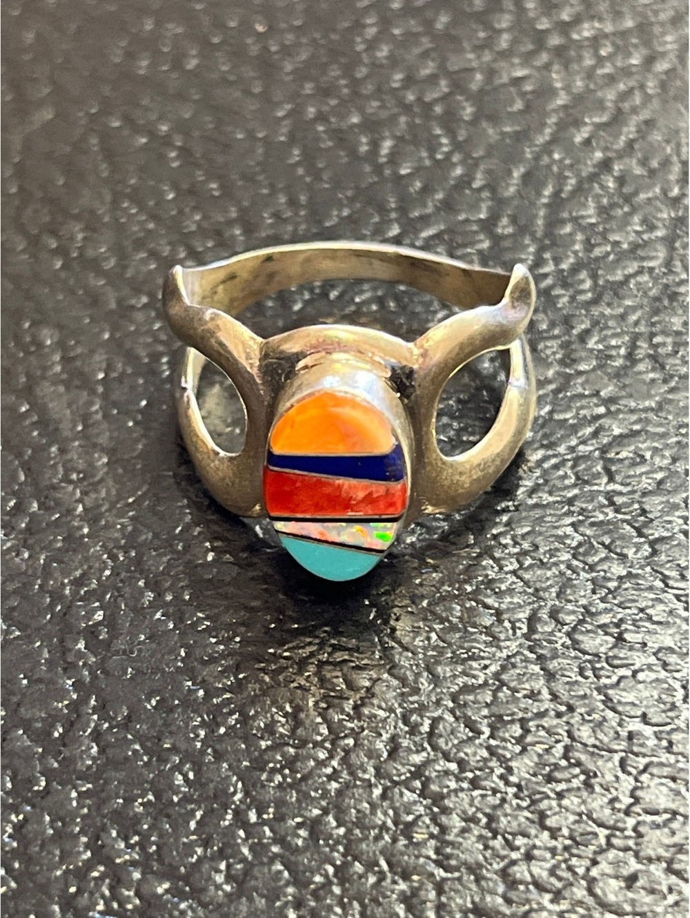 Navajo handmade cluster turquoise sterling silver inlay ring size 9